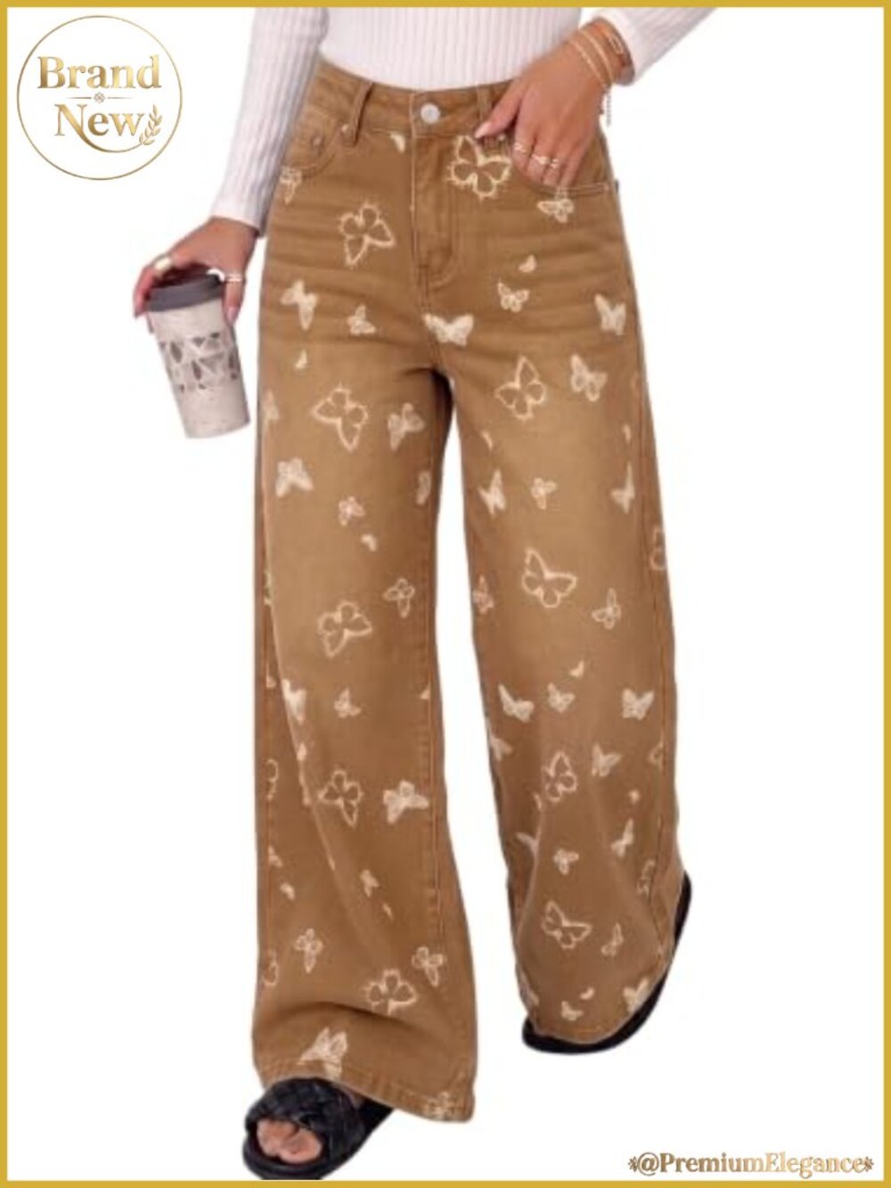Wide Leg Jeans for Women Trendy Stretch Denim Butterfly Print Straight Leg Pants